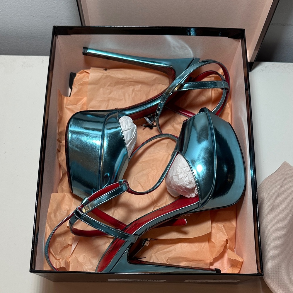 Cesare Paciotti Shiny Teal Platform Heels